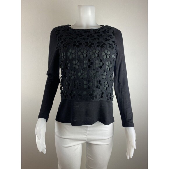 F. Whyci Milano Wool Top Size M Silk Black Blouse Crew Neck Long Sleeves - Picture 6 of 9